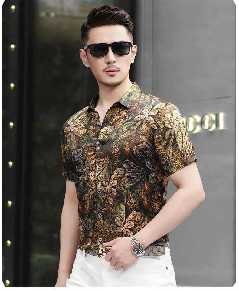 Áo sơ mi nam tay ngắn lụa satin in hoa cao cấp mùa hè — Màu hình 5316 chi tiết 9
