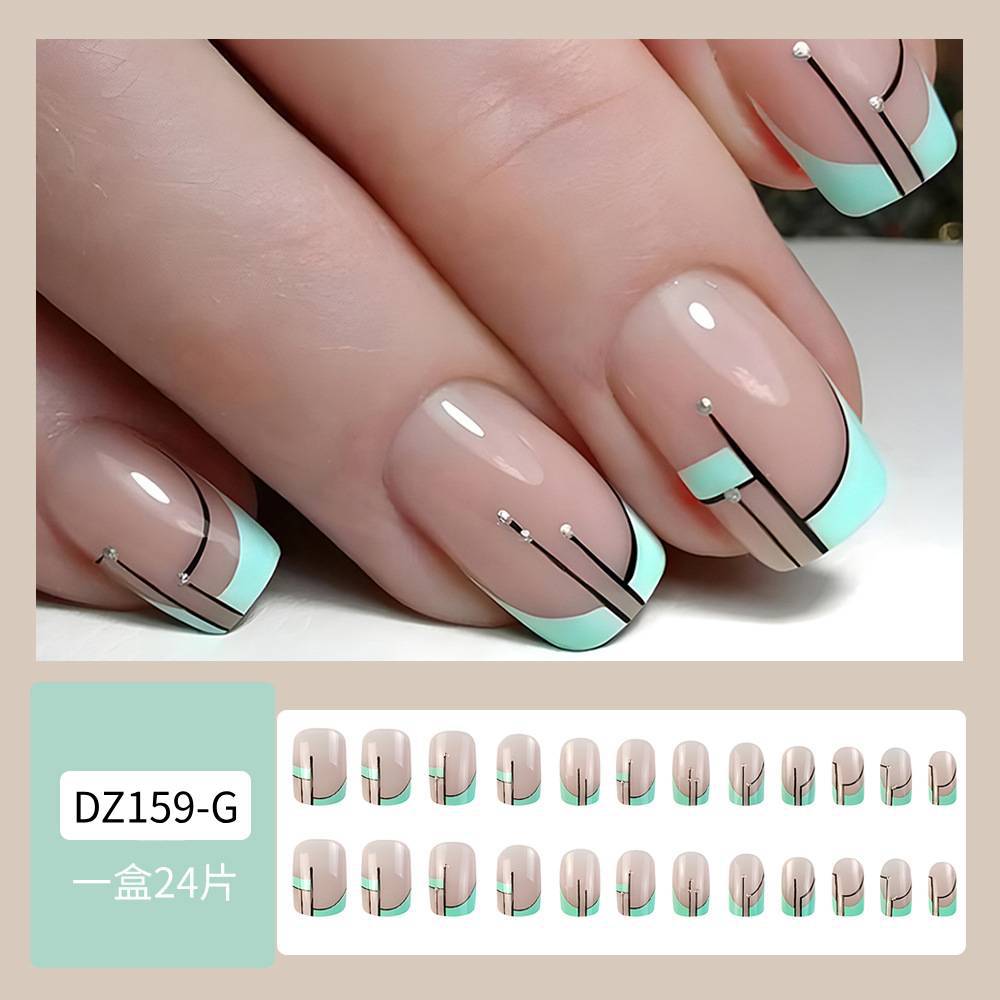 Uñas postizas de longitud media estilo europeo y americano, puntas de uñas de gel con diseño de líneas simples, uñas postizas removibles hechas a mano. image 7