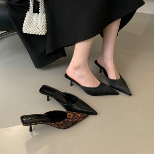 Baotou Slippers Leopard Sexy Women's Shoes 2025 Spring New Fashion French Pointed High Heel Slippers
