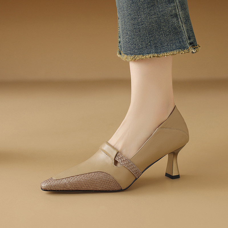 Stiletto Retro Spring and Summer Large Size Shallow Mouth Flats for Women Spliced Fishskin Small Leather Shoes 2025 Pointed Toe Stiletto Retro Spring and Summer Large Size Shallow Mouth Flats for Women Spliced Fishskin Small Leather Shoes 2025 Pointed Toe