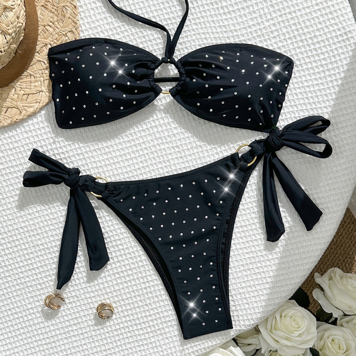 Traje de baño sexy de dos piezas para mujer, bikini con copa triangular de color liso con diamantes de imitación para vacaciones_voghion.com