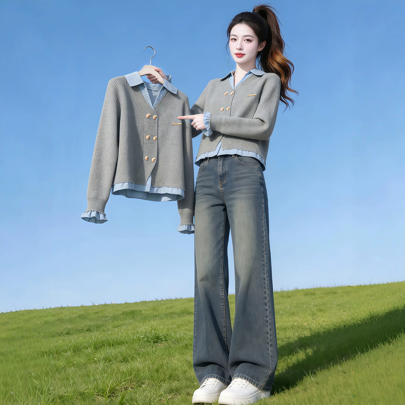 Stylish gray faux two-piece sweater jacket for women, new autumn model with POLO collar, patchwork knit cardigan top A13997
