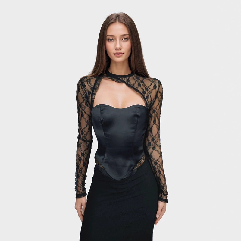 Niche Design Black Lace Splicing Tube Top, Slim and Sexy Sexy Long-Sleeved Cut Out Backless Bottoming Shirt