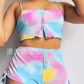 欧美外贸新款印花两件套跨境时尚舒适吊带露脐睡衣套装厂家批发