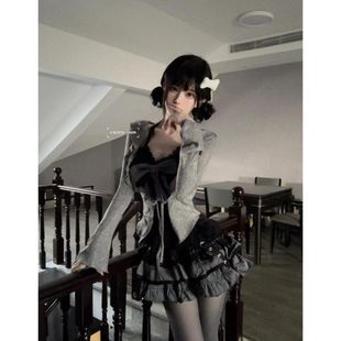 暮色的物語少女感黑色蕾絲荷葉開衫顯瘦蛋糕拼接吊帶半身裙三件套