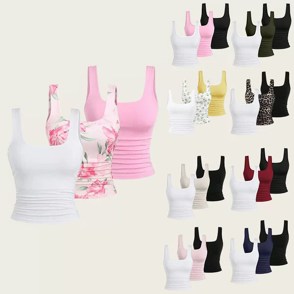 2025 Cross-Border Fashion New Women's Summer Short Square Collar Pleated Leopard Print Pure Color Casual Vest 3-Piece Set