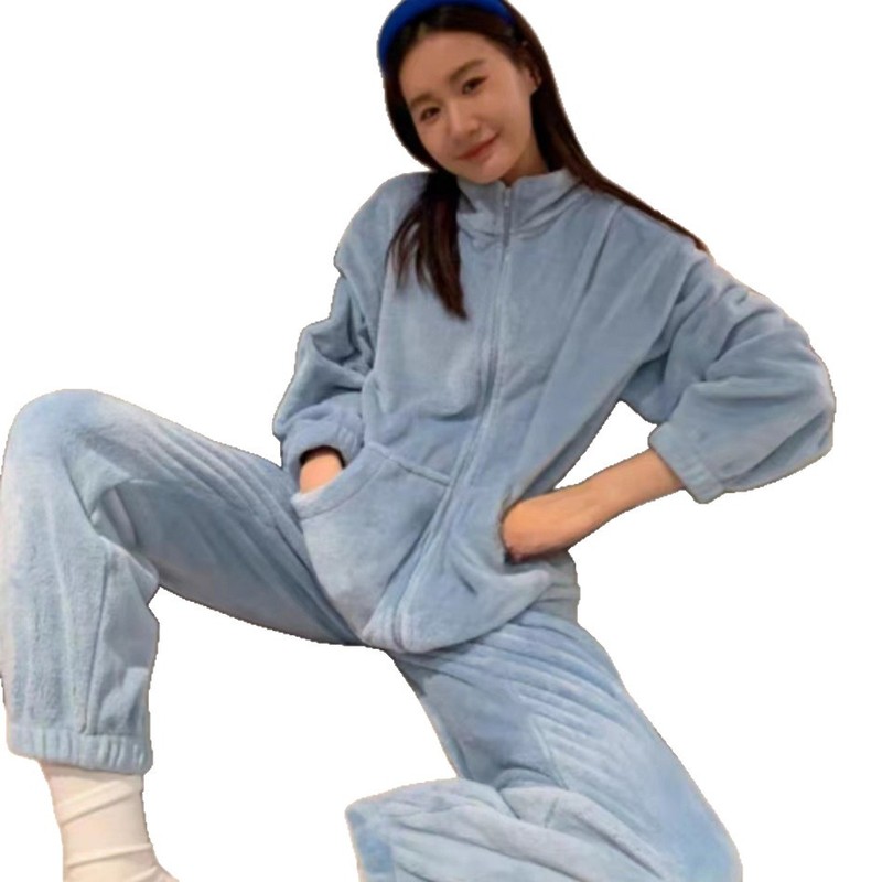 拉链家居服套装女秋冬新款加厚保暖休闲运动睡衣外套暖暖套装简约|undefined