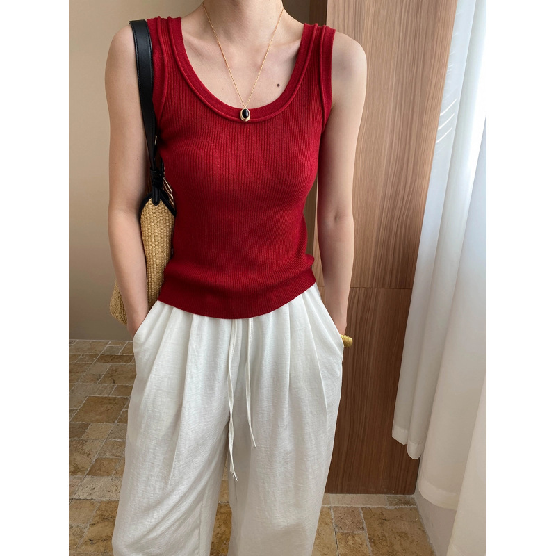 Sinan Shi Wearing recommend Paper U-Neck Hidden Parm Slim-Fit Slimming Wide Shoulder Strap Knitted Vest SN7285