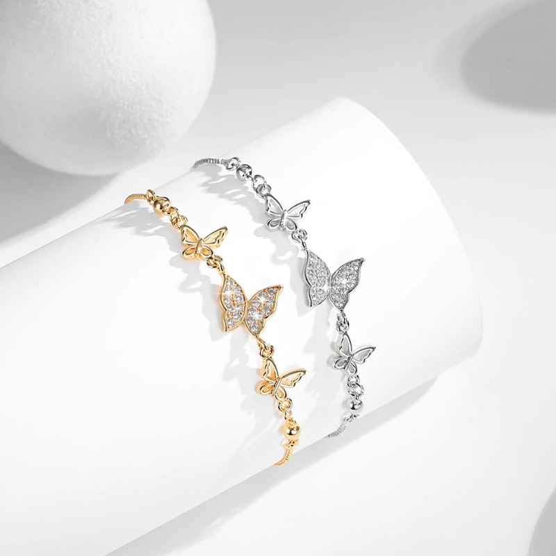 Cross-border fashion butterfly bracelet copper gold-plated inlaid shiny zircon jewelry niche pull bracelet women wholesale in stock