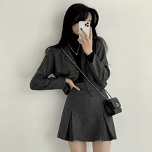 韩国chic冬季复古气质西装领短款外套+高腰显瘦百搭A字型半身裙女