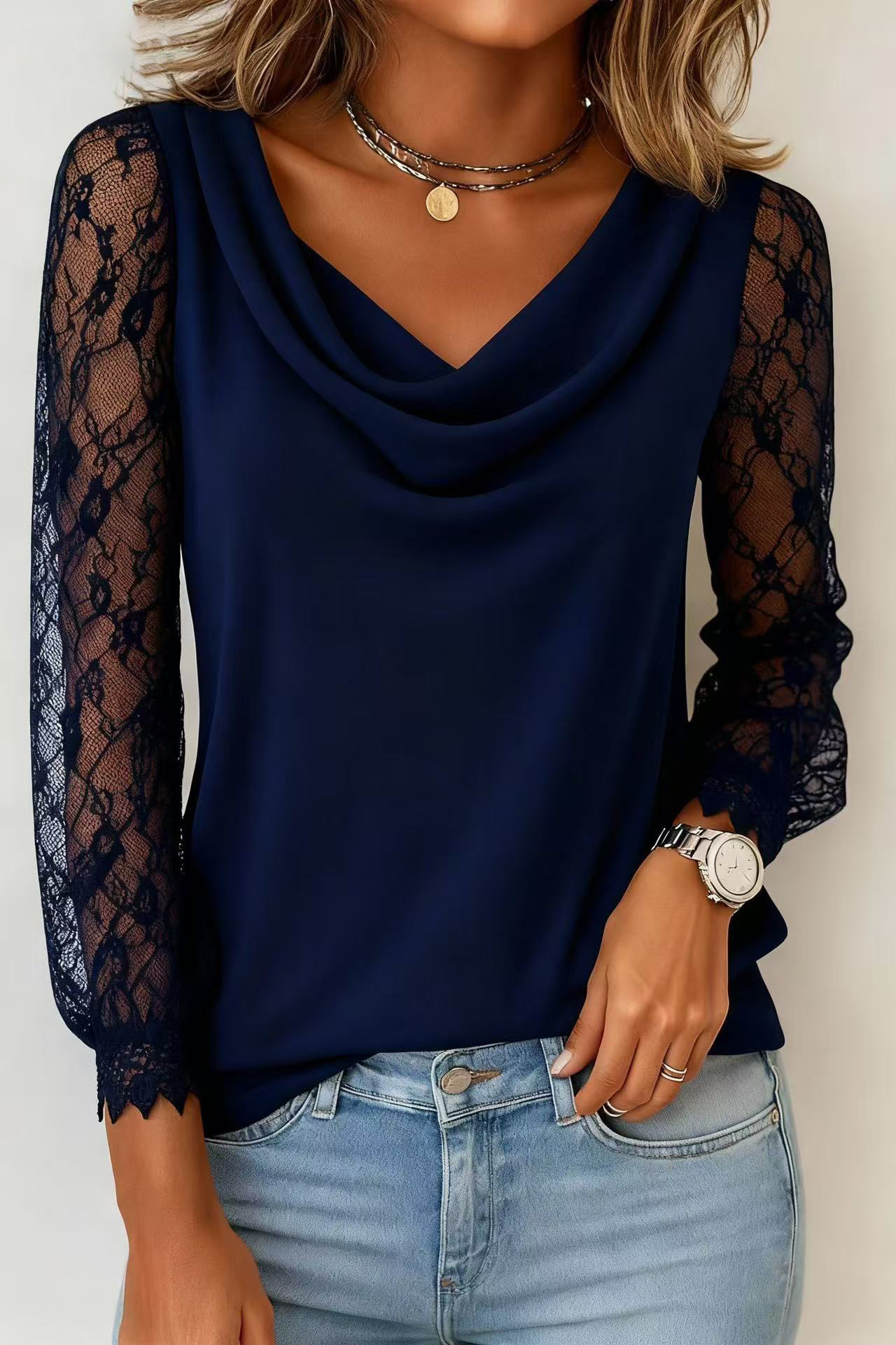 Elegante Damenbluse Mit Drapiertem Ausschnitt Und Spitze_voghion.com