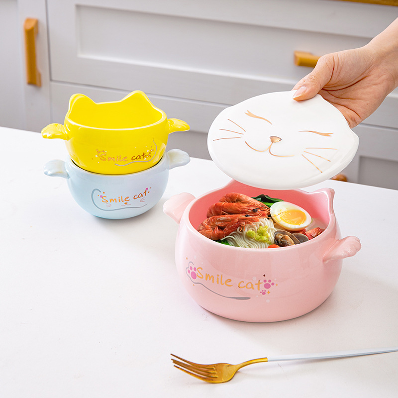 Estilo japonés gato simple tazón de fideos instantáneos vajilla tazón de arroz con tapa cuchara lindo tazón de sopa binaural de cerámica Esmalte de color para niños tazón