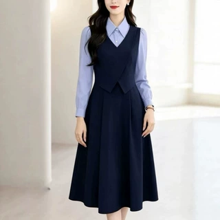 韩系拼接假两件长袖连衣裙女2026年秋季新款A字版裙遮肉显瘦长裙