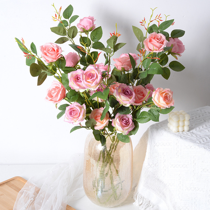 Artificial Rose manojo de 3 pequeñas rosas París Día San Valentín decoración casera la boda falsa flor seda artificial al por mayor