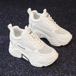 Inner Height 8CM Breathable Mesh White Shoes Women's Spring and Autumn New Thick Sole Sports Casual All-match Torre Shoes Women