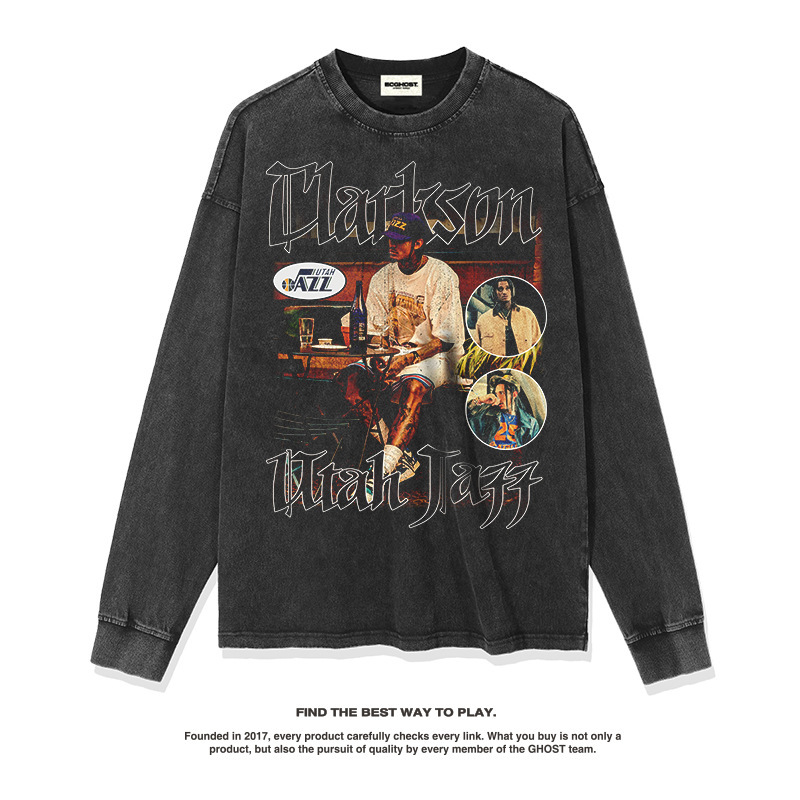 Clarkson American Star camiseta callejera hip-hop marca de tendencia impresión retro hacer viejo lavado pesado cuello redondo manga larga