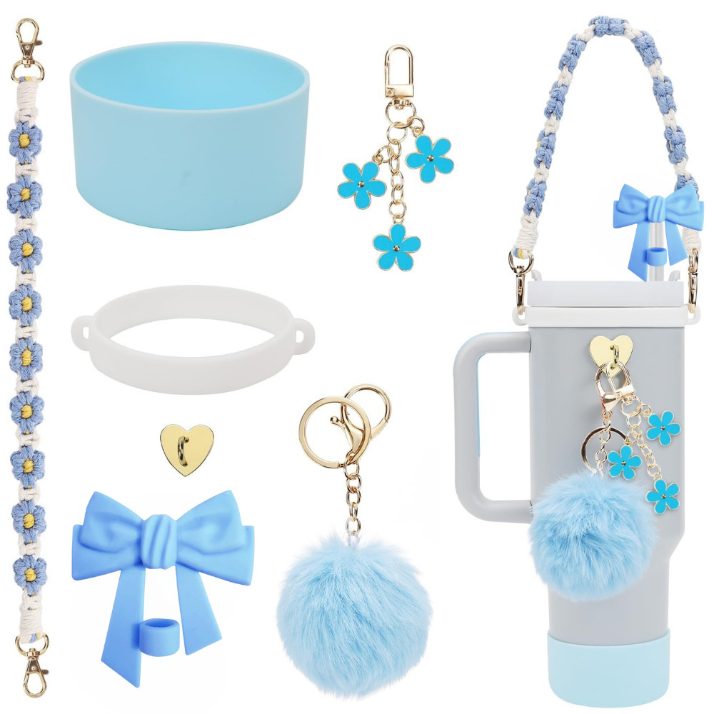 Accesorios de taza Stanley colgante de cuerda de mano flor de silicona gorra de paja de peluche colgante de taza cadena de taza de color cubierta de taza