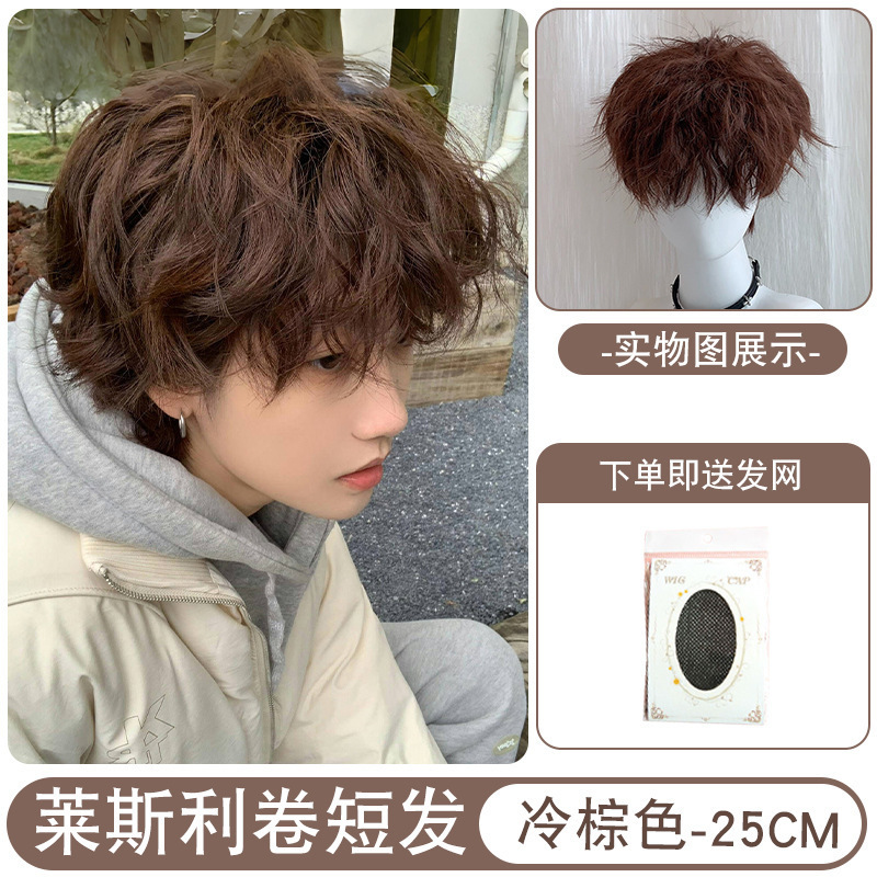 跨境直销男士日常锡纸烫莱斯利卷微分碎盖款自然仿真短发假发男生|undefined
