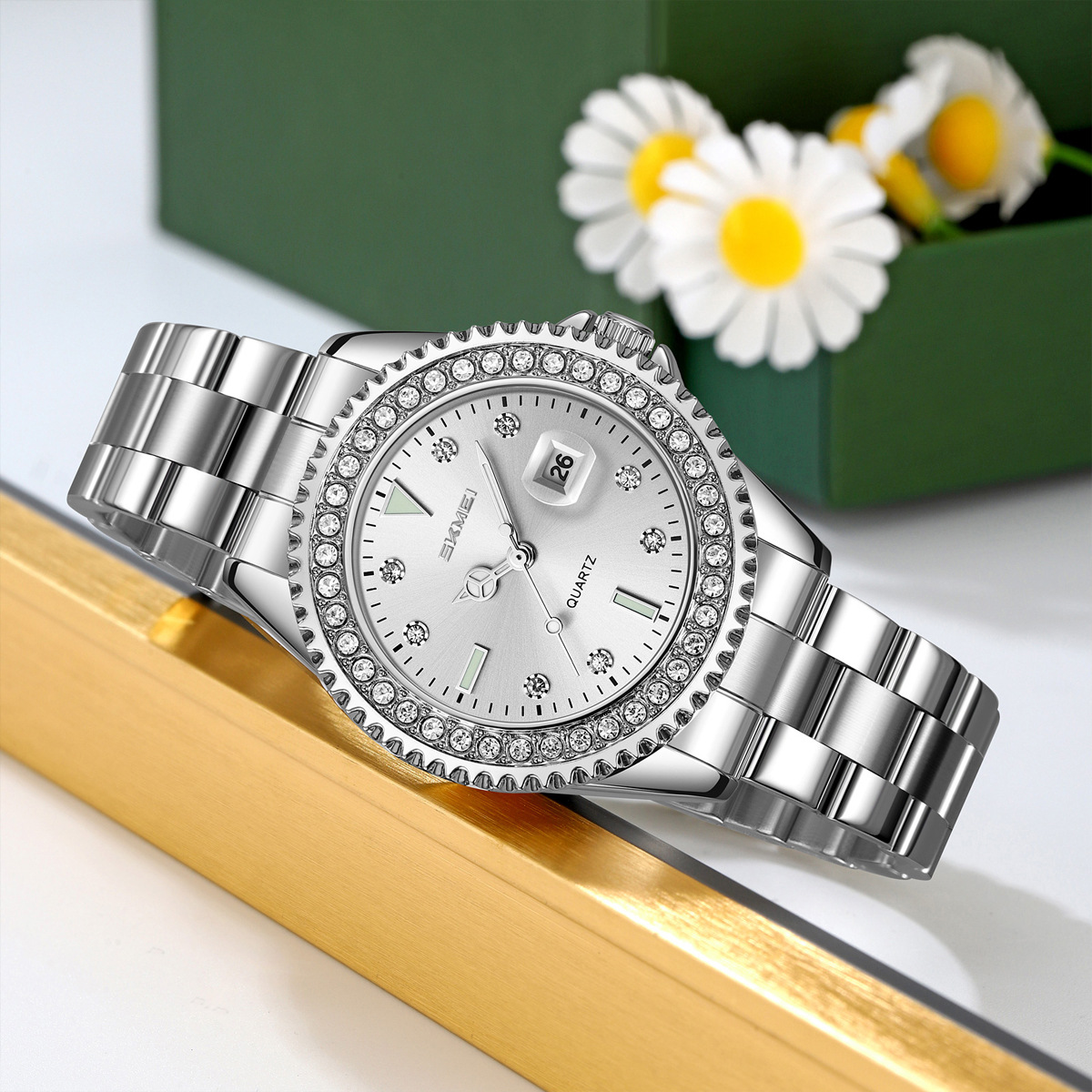 Momento de belleza ligera de lujo damas reloj de cuarzo 30 metros calendario impermeable relojes de moda fabricantes al por mayor transfronterizos