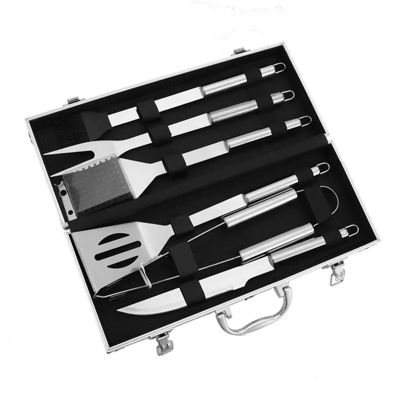 亚马逊现货烧烤工具铝箱6件套BBQ不锈钢烧烤套装烧烤组合套装收纳