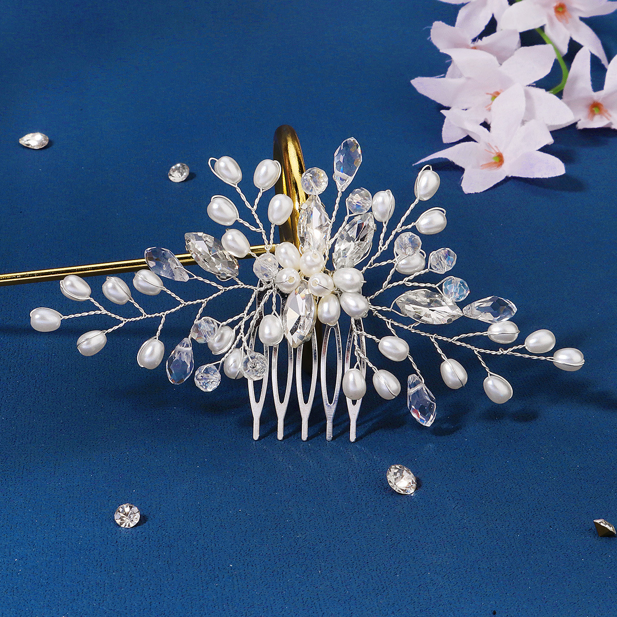 Fashion Flower Alloy Rhinestone Pearl Insert comb 1 Piece
