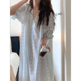 甜美少女蓝色碎花短袖棉纱睡裙女2026夏季新款宽松透气长裙家居服