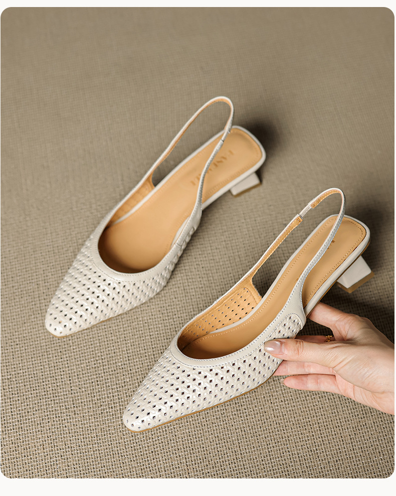 Sandal nữ da bò dệt mũi kín gót thô cao 6 cm phong cách công sở — đen chi tiết 13