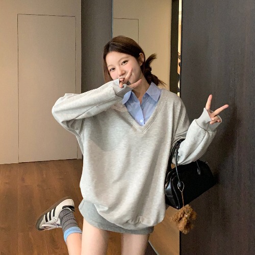复古风Polo领撞色拼接假两件卫衣女秋季休闲宽松慵懒oversize上衣|undefined