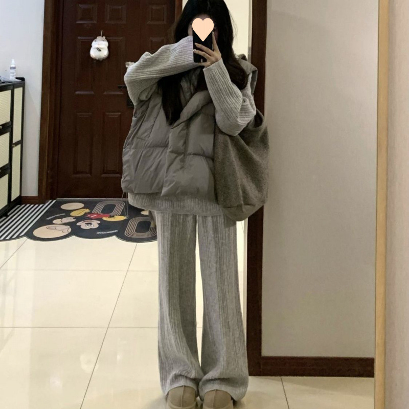 女复古保暖棉服马甲外套秋冬装叠穿针织毛衣长裤套装时尚三件套|undefined