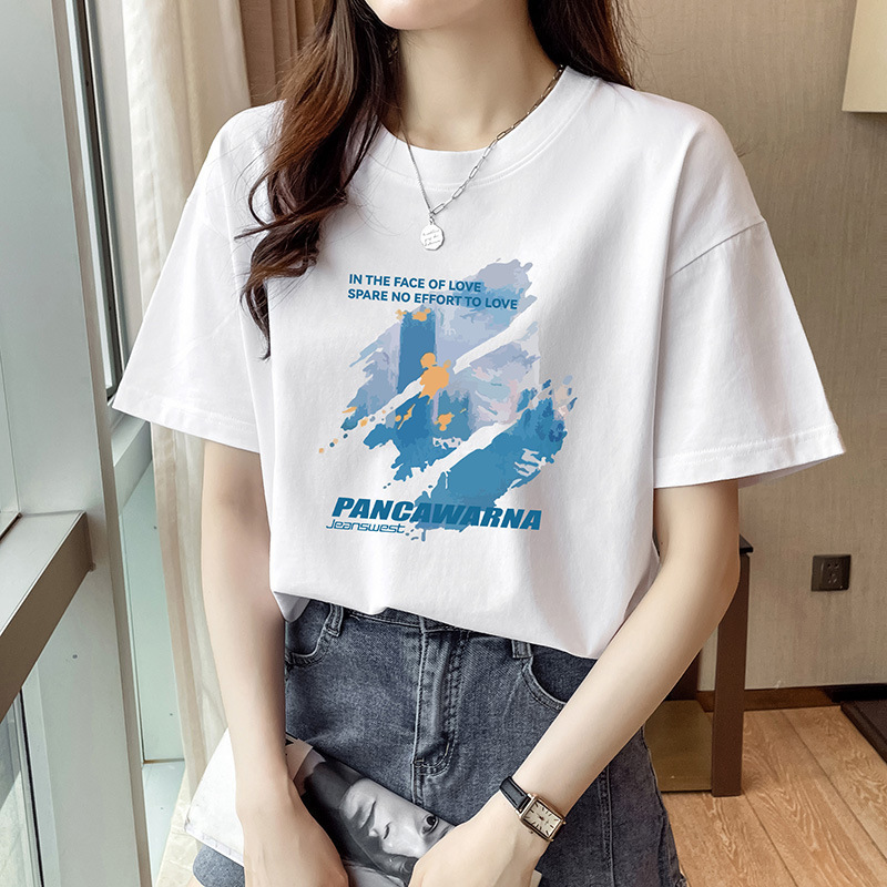 100 Cotton Summer New Arrival Oil Painting Printed Loose Short-Sleeved T-Shirt Women's American Style Retro All-Match Round Neck Top Trendy