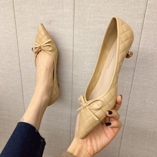 315-1 Bow 3cm Women's Wine Glass Heel Spring Easiest for Match Sexy Pointed Toe Work Shoes