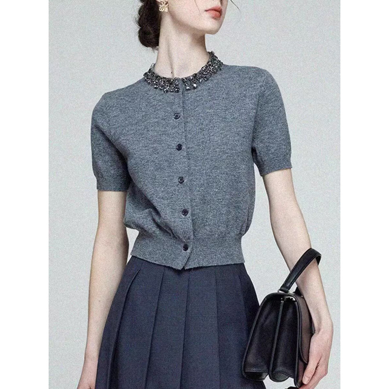 Mulberry Silk Top Knitted Cardigan Women's 2025 Gray Grey Knitted Short-sleeved Women's Summer Heavy Industry Diamond T-shirt
