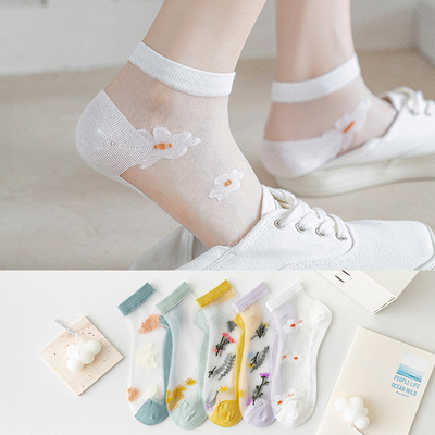 2021 Spring and summer New products Boat socks female Floret Transparent card Silk stockings Sweat ventilation Glass Socks