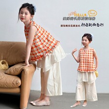 女童2026新款乐裤套装格子009蜜豆屁帘格子屁帘裤套装哈哈米休闲