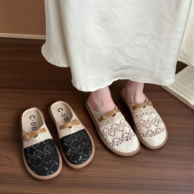 Linen Toe-Cap Half Slippers for Women, Lace Breathable Sandals, 2025 Summer New Style, Slip-On Fisherman Birkenstocks