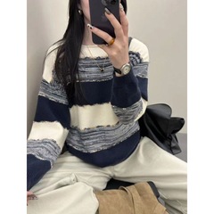 撞色条纹针织衫女宽松外穿2025秋冬新款慵懒洋气圆领长袖打底毛衣
