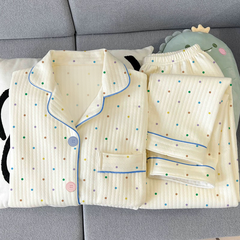 Spring new simple wind color wave point pajamas women's winter air cotton long sleeve home clothes suit real shot wholesale