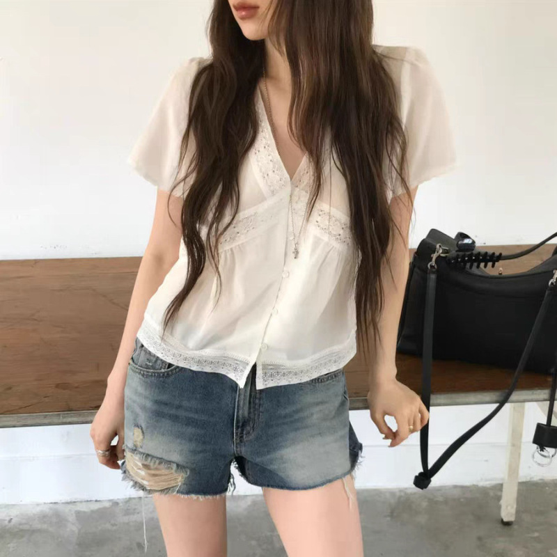 Mona·Xh Korean-Style Lace V-Neck Slim-Fit Short-Sleeve Shirt Dongdaemun Summer New Sweet Solid Color Top for Women