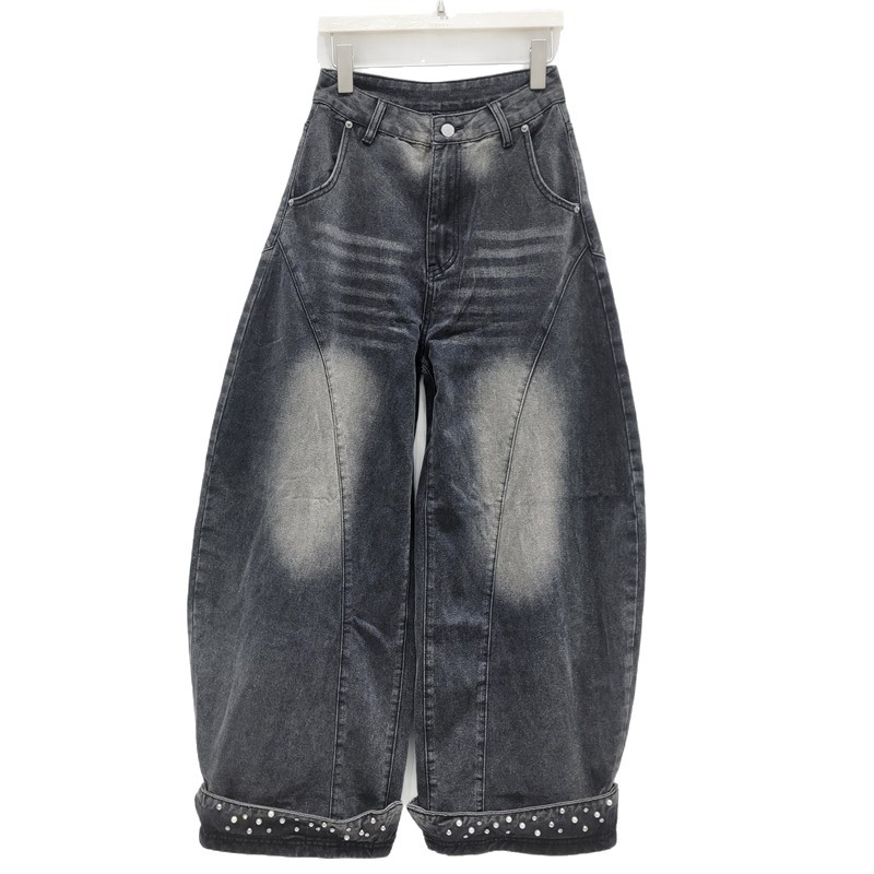 Vintage americano jeans de piernas anchas para mujeres 2026 primavera nuevo suelto pantalones rectos con cuentas de clavado pantalones casuales