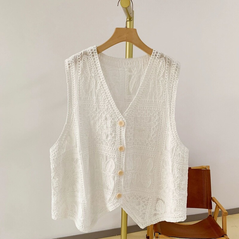 Summer New Style for Plus-Size Women: Korean-Style Crochet V-Neck Cardigan Vest, White Single-Breasted Versatile Outerwear