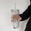 Transparent hammered cup [white circle lid + 22cm glass straw]