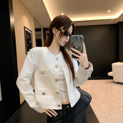 设计感明线圆领长袖牛仔外套女秋季宽松显瘦别致白色短上衣87388