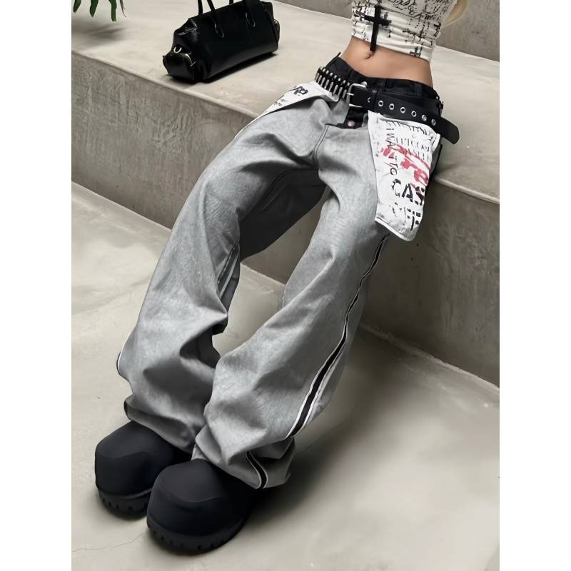 美式复古辣妹设计感做旧反穿大口袋主题印花牛仔裤女夏季拖地长裤|undefined