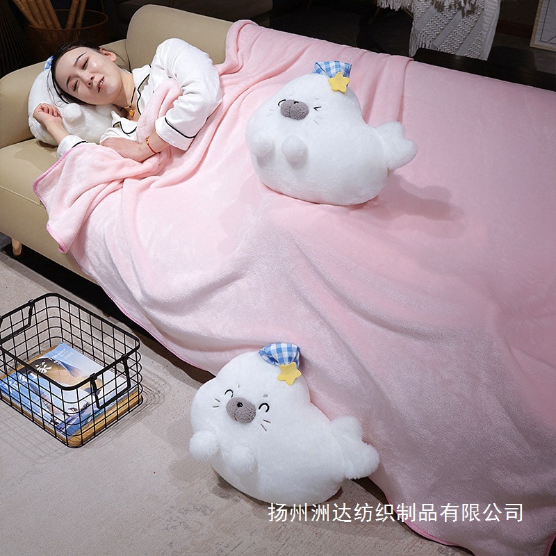 Cute foca almohada de mano caliente mantas de oficina 3 en 1 siesta almohada colcha de doble uso almohada de descanso