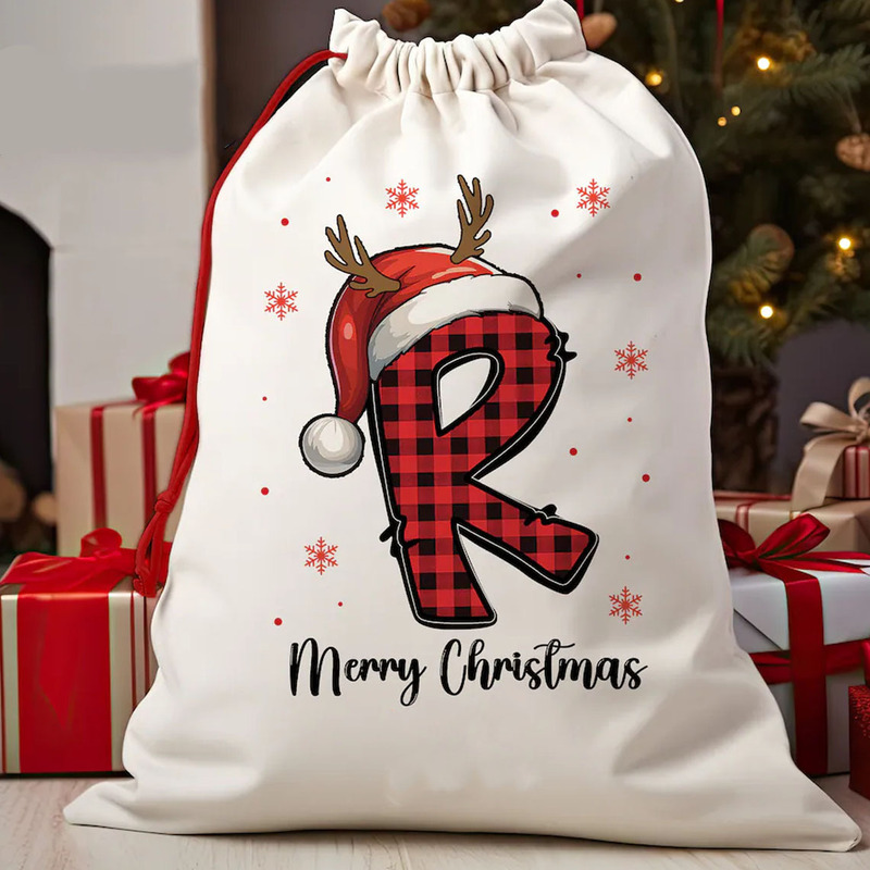 アマゾン速売通クロスボーダークリスマステーマアルファベット柄白い綿布引き紐バック|undefined