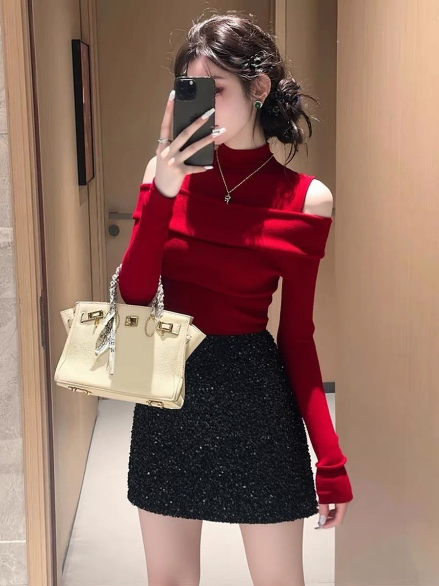 Áo len cổ lọ nữ thiết kế hở vai phong cách quý tộc — Rượu vang đỏ