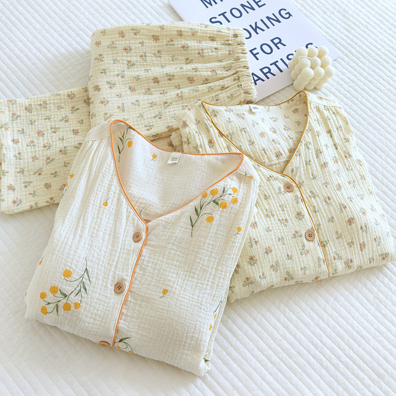 Pure Cotton Floral Print Bra-Free Pajamas for Women, Spring, Summer and Autumn, with Chest Pads, Loungewear, Long-Sleeved Long Pants Set