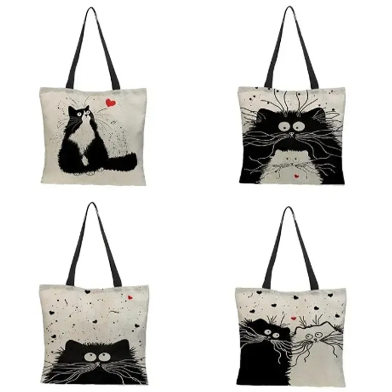 跨境新款呆萌黑白猫咪图系列印花帆布包购物袋单肩手提袋厂家批发