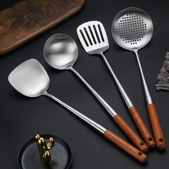 Stainless Steel Pot Spatula with Extended Wooden Handle Cooking Spatula Chef Spatula Cooking Spatula Household High Temperature Resistant Anti-Scalding Kitchen Utensils