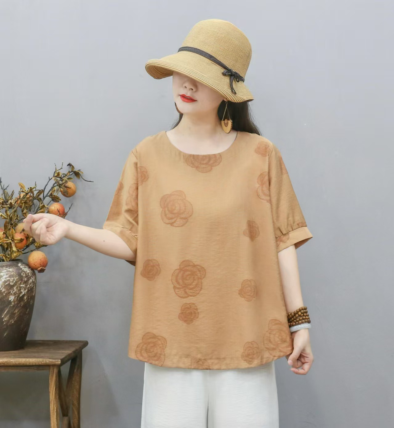 Cross-border nueva camiseta de mujer china impresa camiseta de mujer de manga corta camiseta base de verano overhead cuello redondo artístico ocio image 9